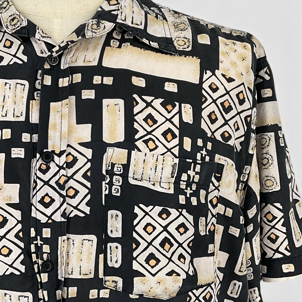 Scandia Woods Mens Silk‎ Short Sleeve Geometric Abstract Shirt Black Beige Med